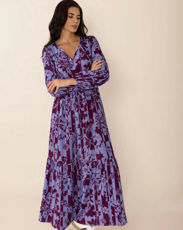 Tie Neck Balloon Sleeve Maxi Dress.