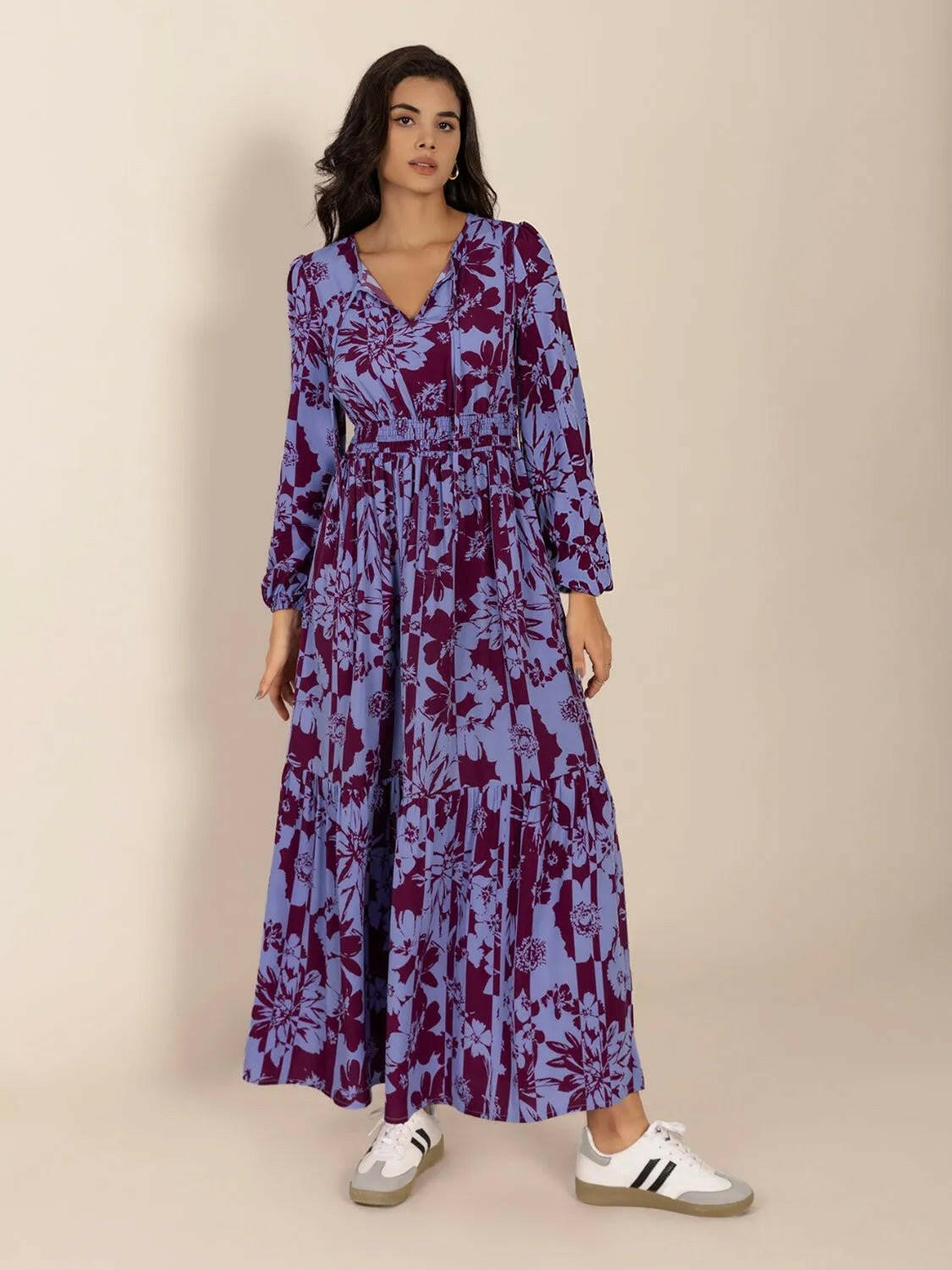 Tie Neck Balloon Sleeve Maxi Dress.