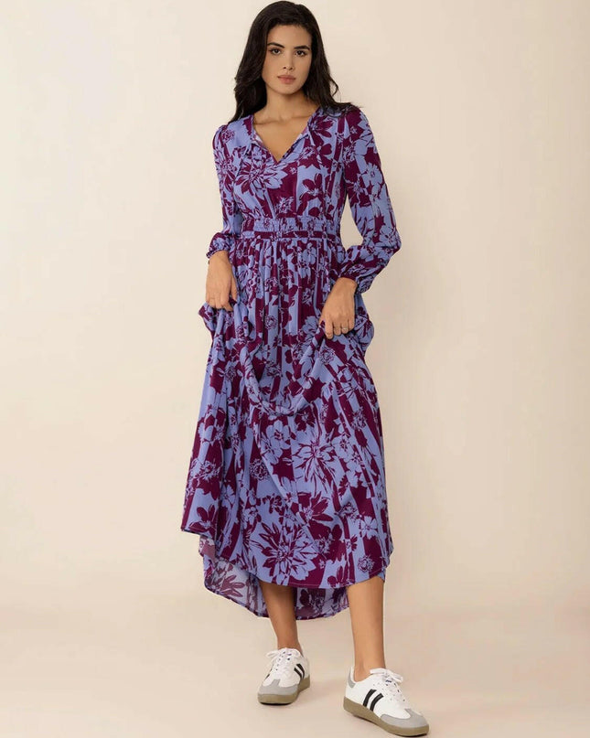 Tie Neck Balloon Sleeve Maxi Dress.
