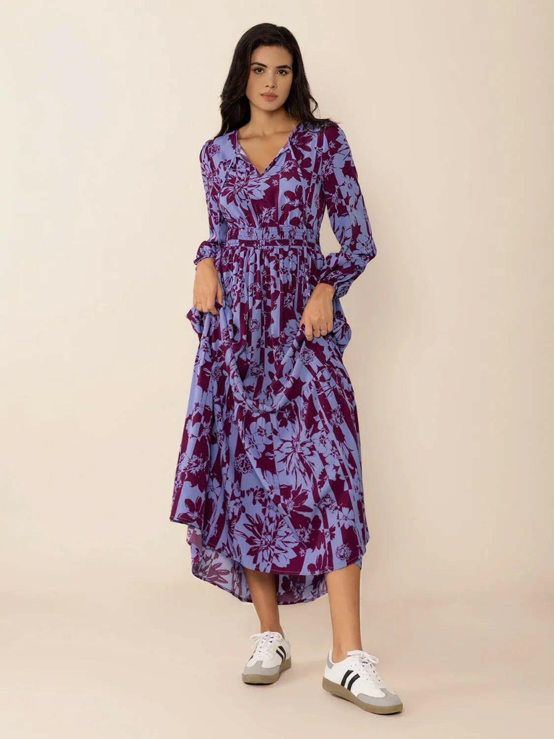 Tie Neck Balloon Sleeve Maxi Dress.