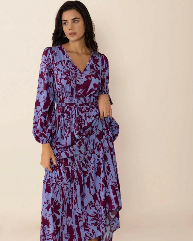 Tie Neck Balloon Sleeve Maxi Dress.
