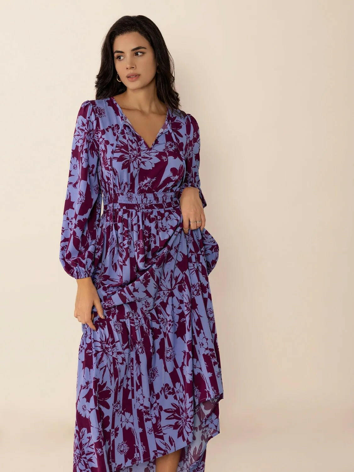 Tie Neck Balloon Sleeve Maxi Dress.