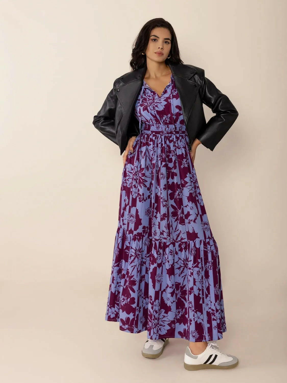 Tie Neck Balloon Sleeve Maxi Dress.