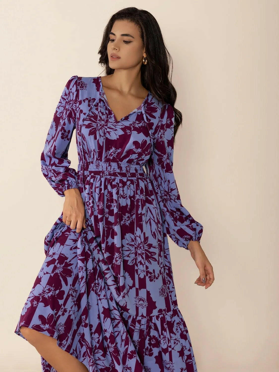 Tie Neck Balloon Sleeve Maxi Dress.