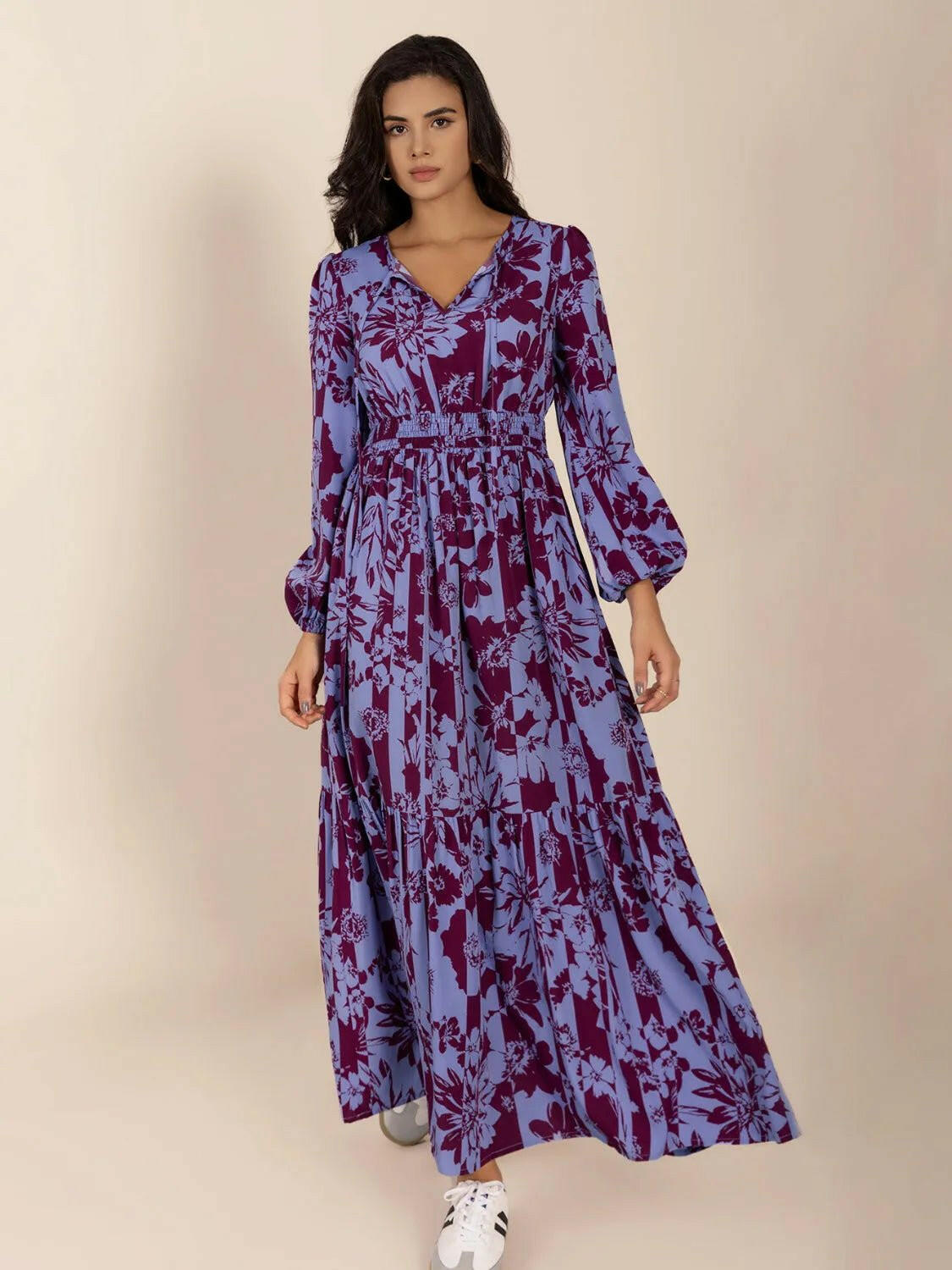 Tie Neck Balloon Sleeve Maxi Dress.