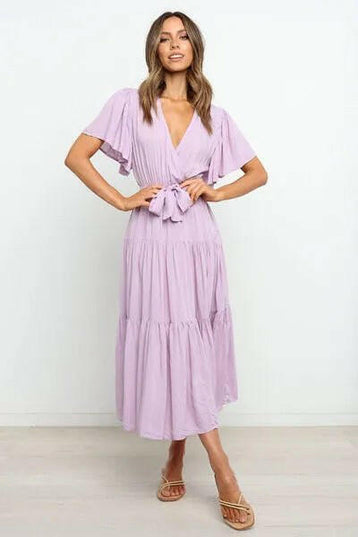 Tied Back Tiered Short Sleeve Midi Dress.