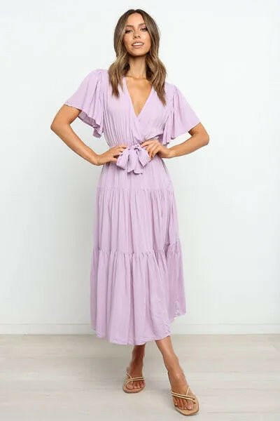 Tied Back Tiered Short Sleeve Midi Dress.