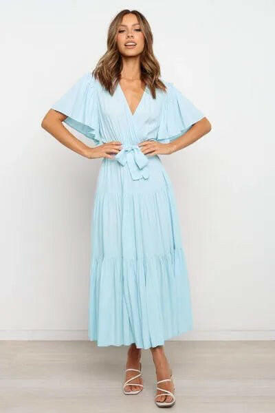 Tied Back Tiered Short Sleeve Midi Dress.