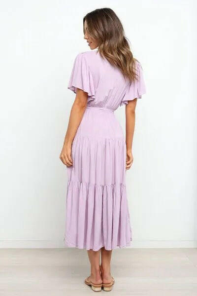 Tied Back Tiered Short Sleeve Midi Dress.