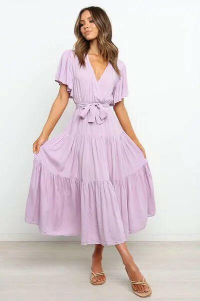 Tied Back Tiered Short Sleeve Midi Dress.