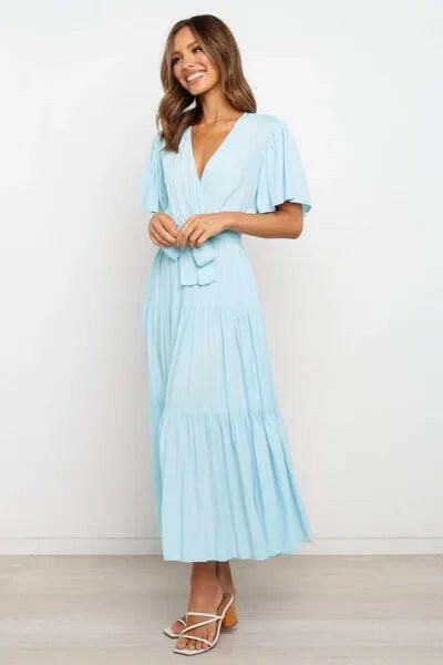 Tied Back Tiered Short Sleeve Midi Dress.