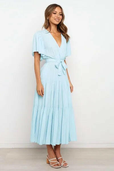Tied Back Tiered Short Sleeve Midi Dress.