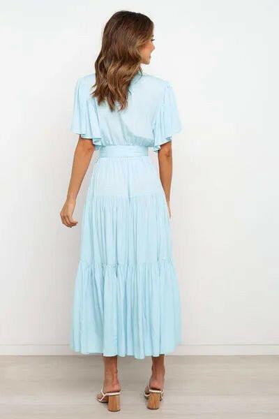 Tied Back Tiered Short Sleeve Midi Dress.