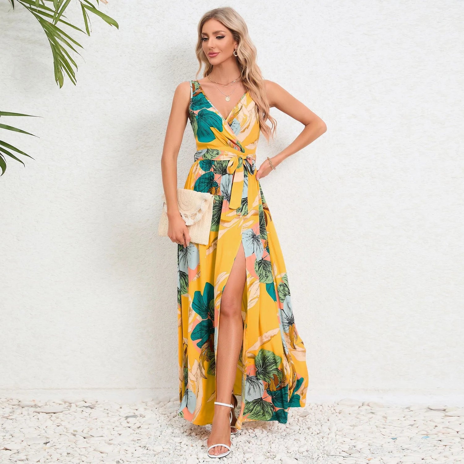 V-Neck Floral Maxi Dress with Waist Tie.