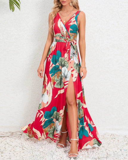 V-Neck Floral Maxi Dress with Waist Tie.