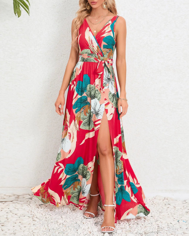 V-Neck Floral Maxi Dress with Waist Tie.