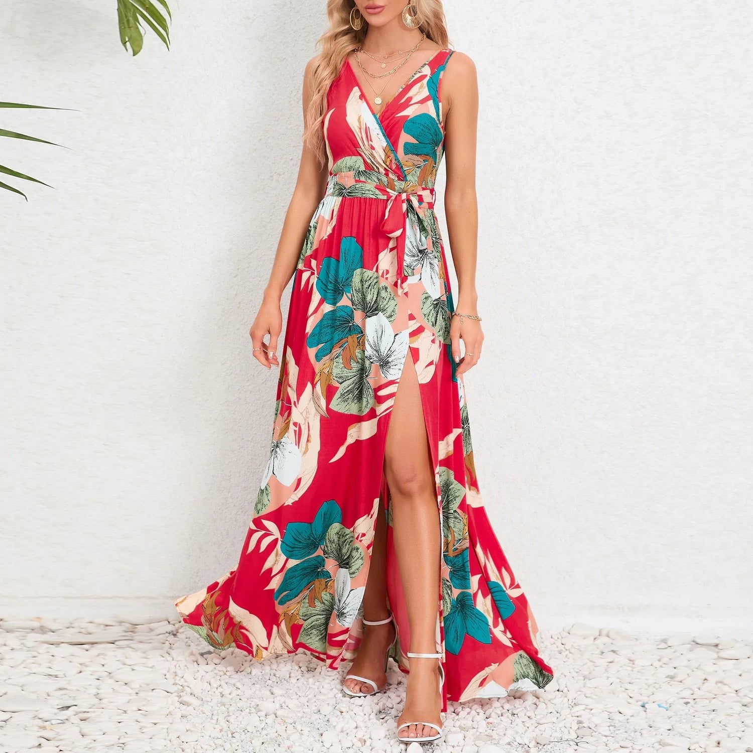 V-Neck Floral Maxi Dress with Waist Tie.