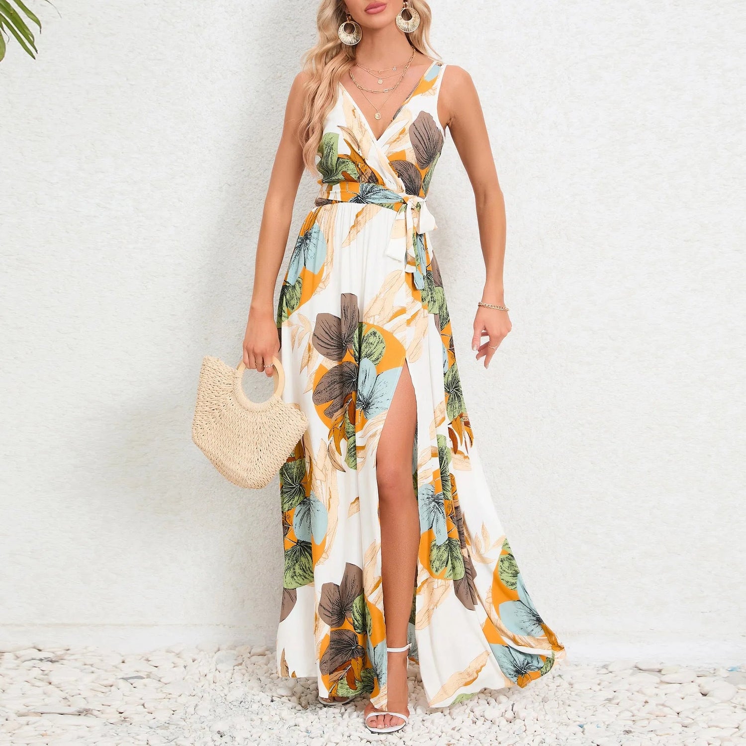 V-Neck Floral Maxi Dress with Waist Tie.