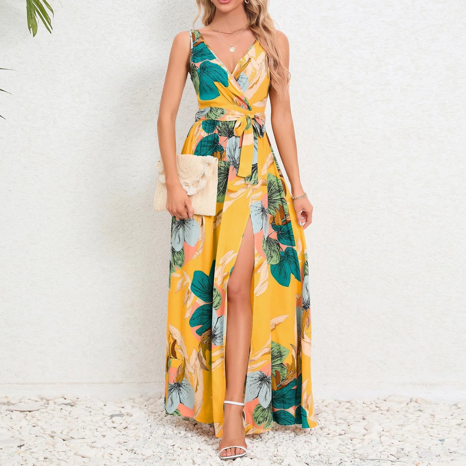 V-Neck Floral Maxi Dress with Waist Tie.