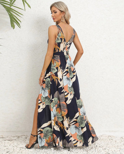 V-Neck Floral Maxi Dress with Waist Tie.