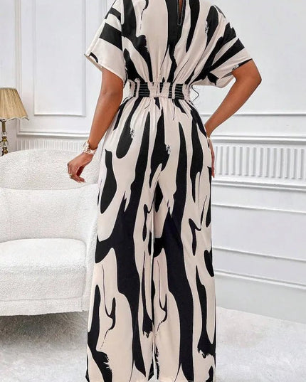 V-neck Loose Printed Long Jumpsuit.