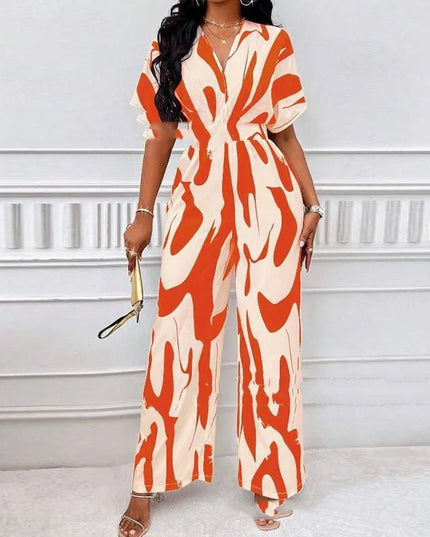 V-neck Loose Printed Long Jumpsuit.