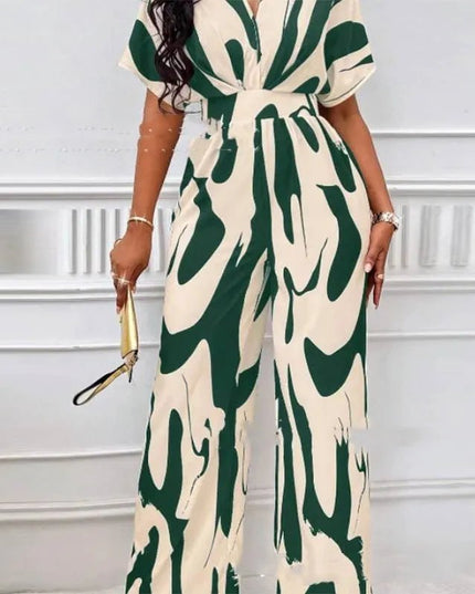 V-neck Loose Printed Long Jumpsuit.