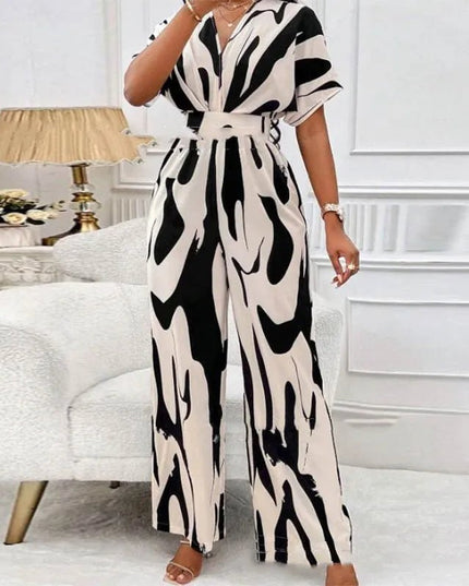 V-neck Loose Printed Long Jumpsuit.