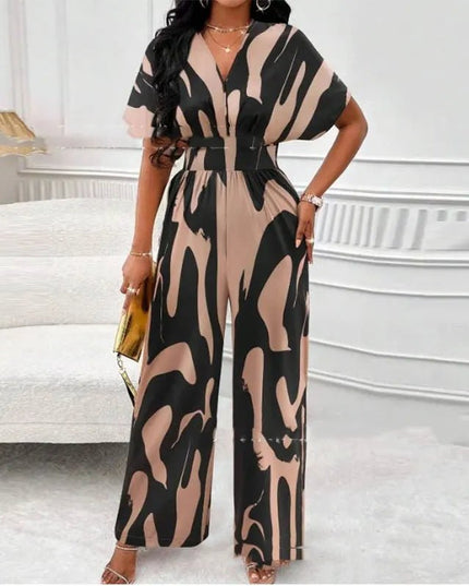 V-neck Loose Printed Long Jumpsuit.