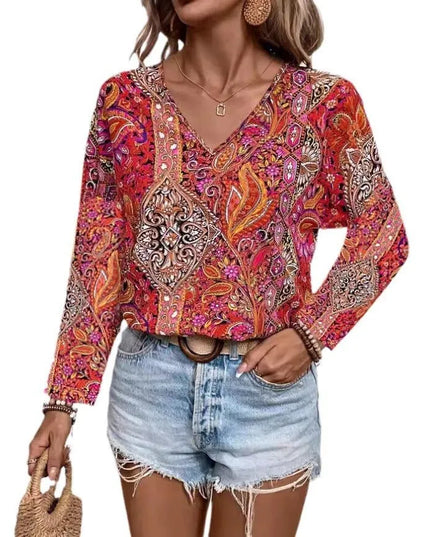 V-Neck Printed Long Sleeve Top.