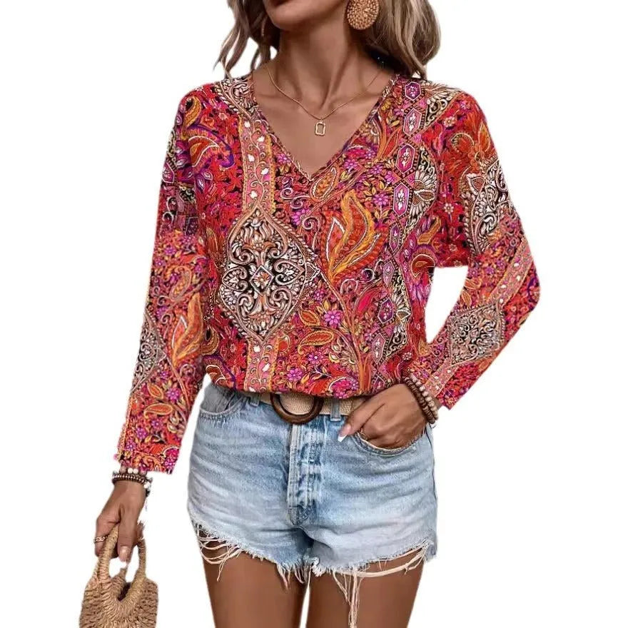 V-Neck Printed Long Sleeve Top.