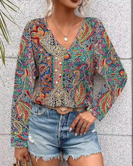 V-Neck Printed Long Sleeve Top.