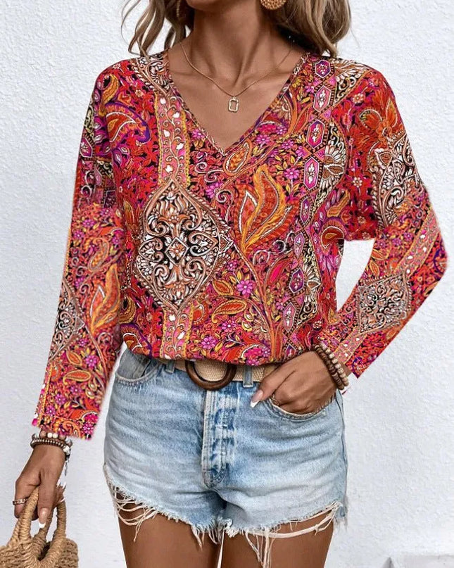 V-Neck Printed Long Sleeve Top.