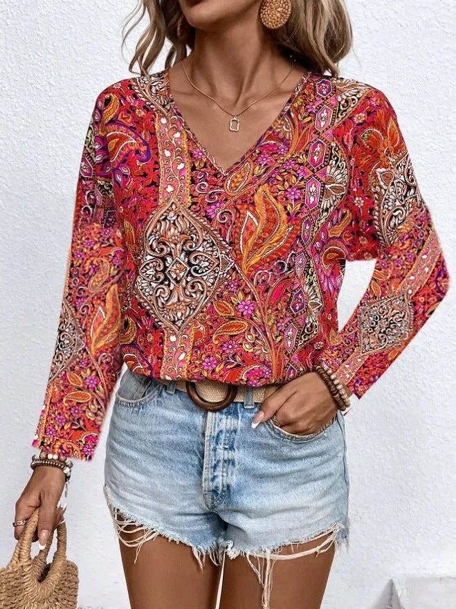 V-Neck Printed Long Sleeve Top.
