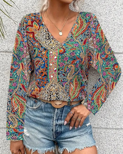 V-Neck Printed Long Sleeve Top.