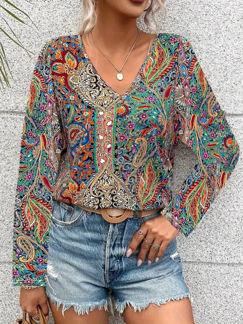 V-Neck Printed Long Sleeve Top.
