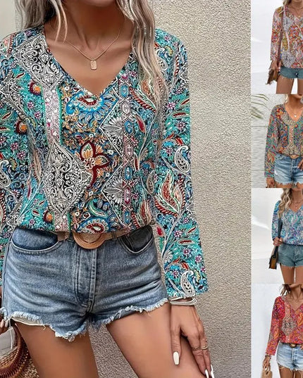 V-Neck Printed Long Sleeve Top.