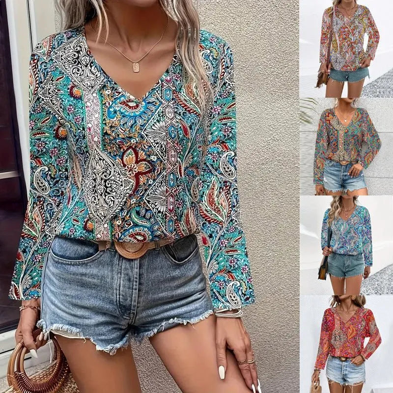 V-Neck Printed Long Sleeve Top.