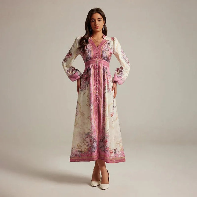 Vintage Elegance V-Neck Printed Maxi Dress.