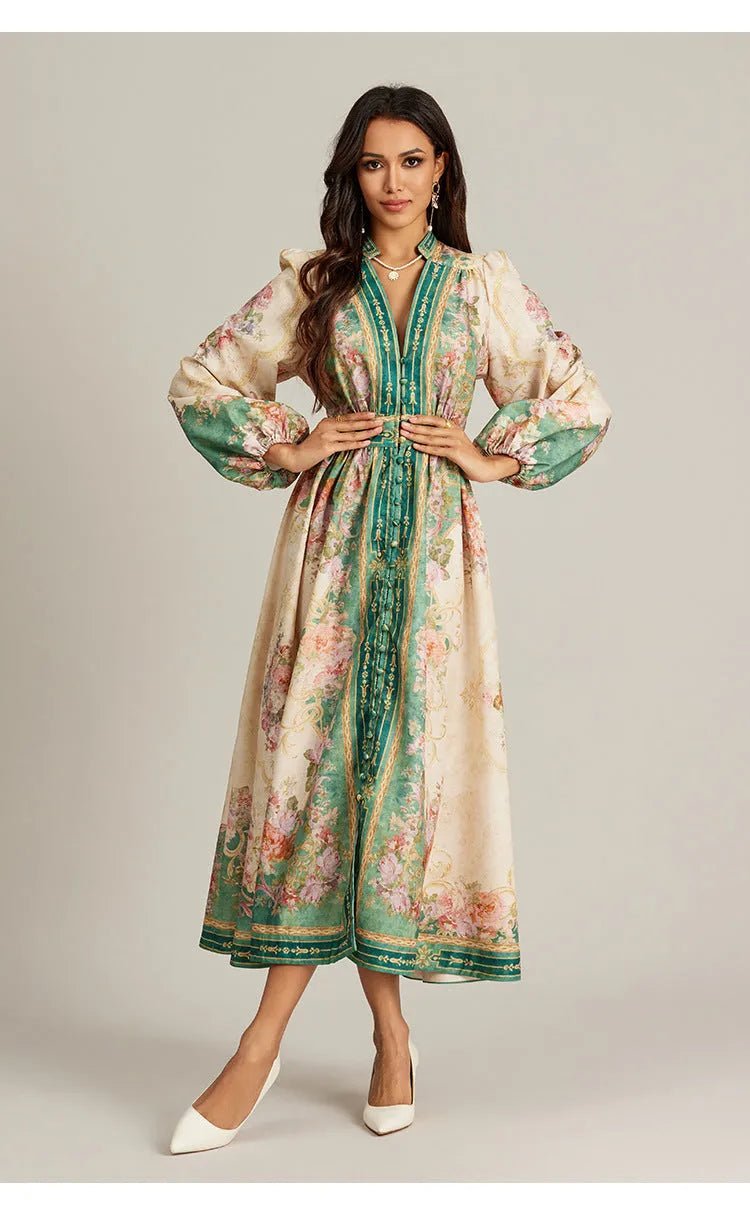 Vintage Elegance V-Neck Printed Maxi Dress.