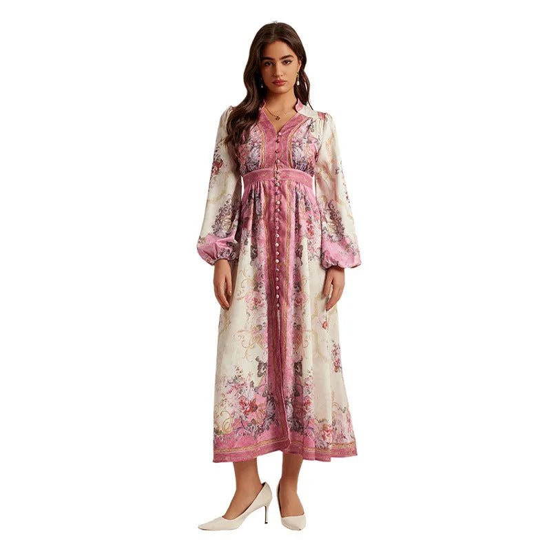 Vintage Elegance V-Neck Printed Maxi Dress.