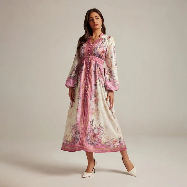 Vintage Elegance V-Neck Printed Maxi Dress.