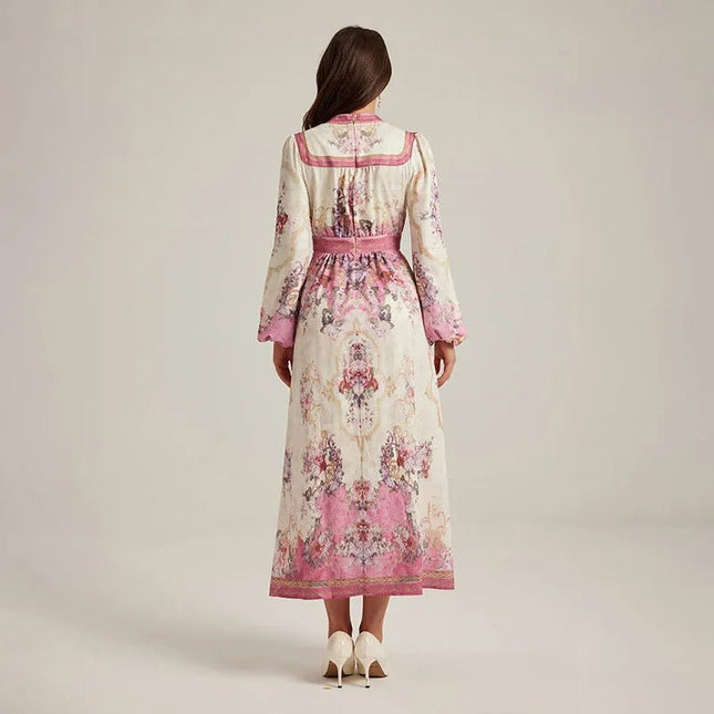 Vintage Elegance V-Neck Printed Maxi Dress.