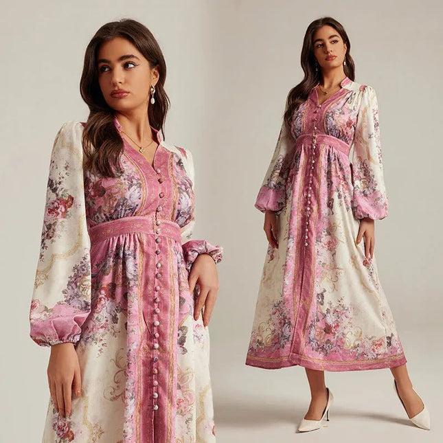 Vintage Elegance V-Neck Printed Maxi Dress.