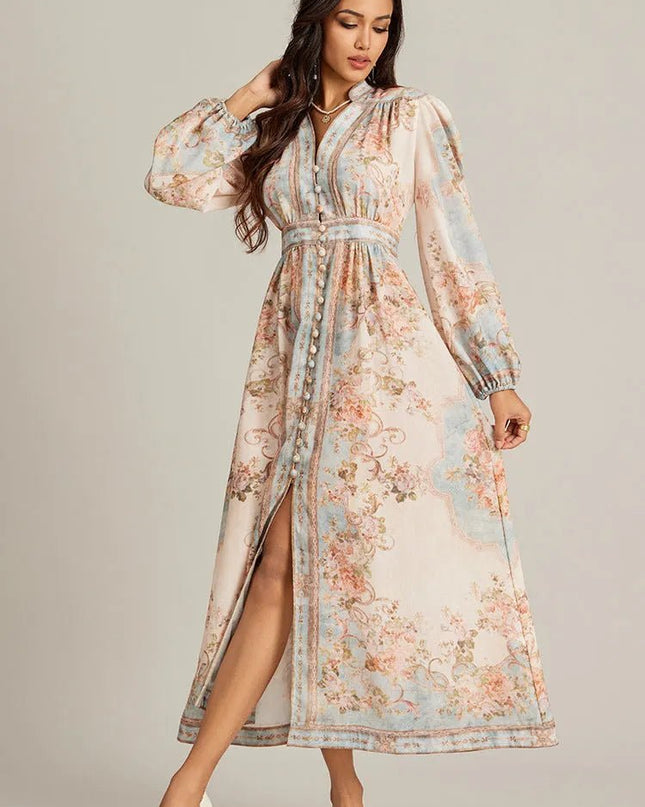 Vintage Elegance V-Neck Printed Maxi Dress.
