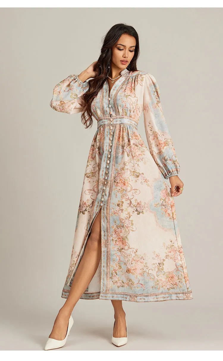 Vintage Elegance V-Neck Printed Maxi Dress.