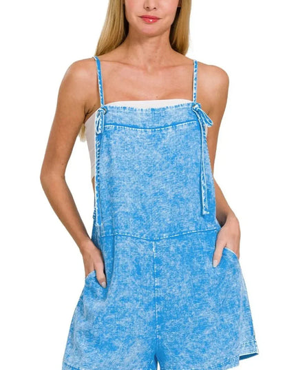 Zenana Washed Linen Knot Strap Rompers.