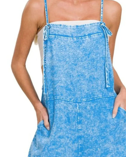 Zenana Washed Linen Knot Strap Rompers.