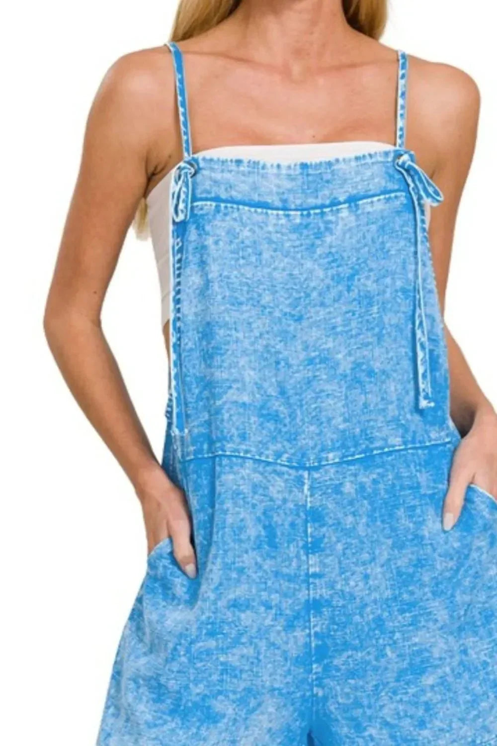 Zenana Washed Linen Knot Strap Rompers.