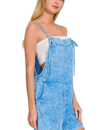 Zenana Washed Linen Knot Strap Rompers.